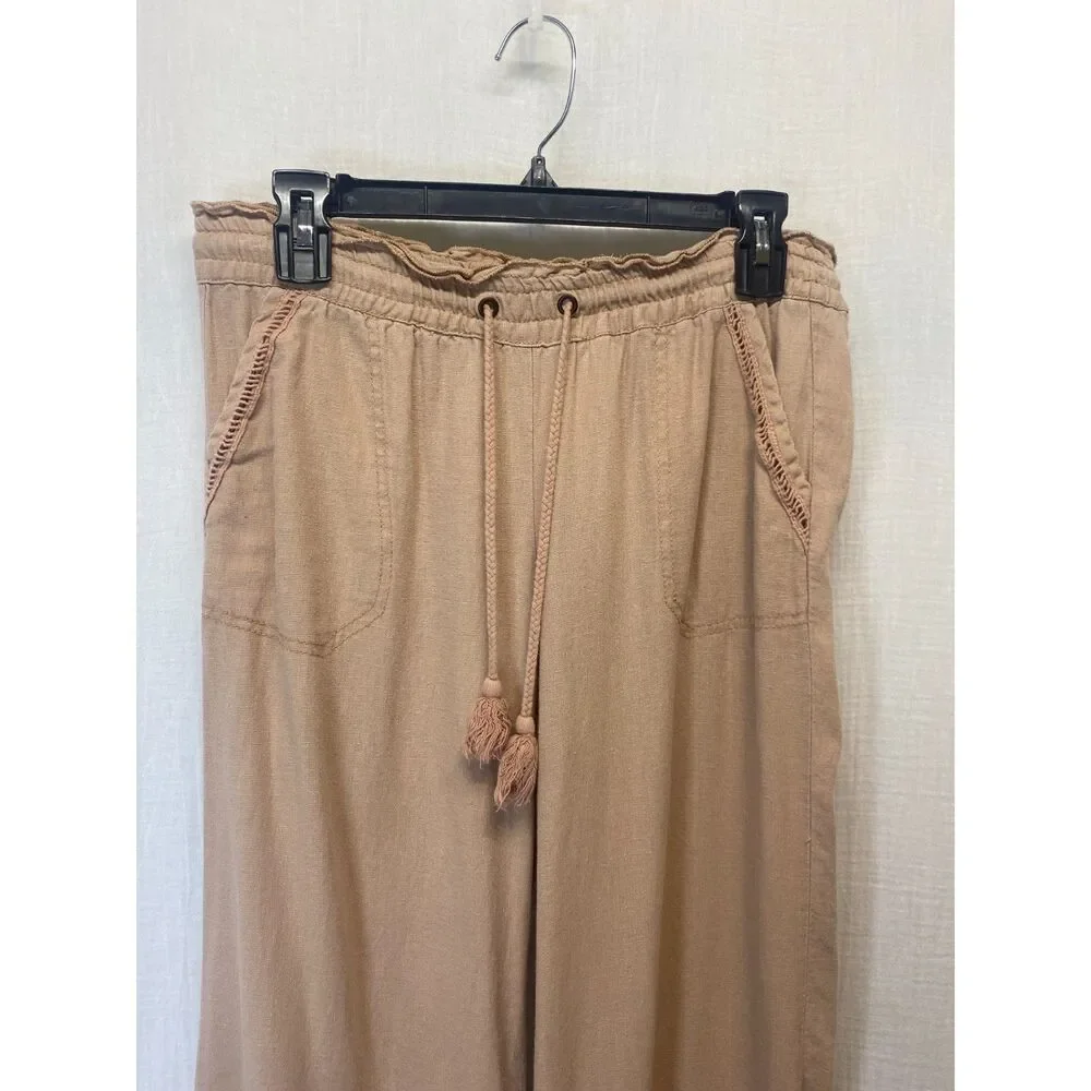 Jolt Linen Blend Drawstring Pants Sz 26 Salmon Raw Hem Embroidered Bohemian